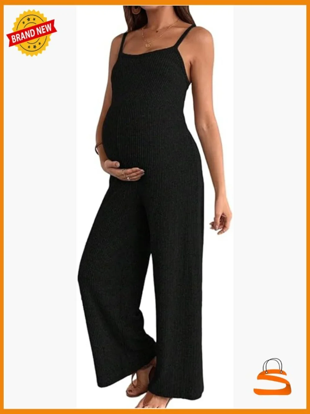 Spaghetti Strap Rib Knit Maternity Jumpsuit Wide Leg Overalls Romper